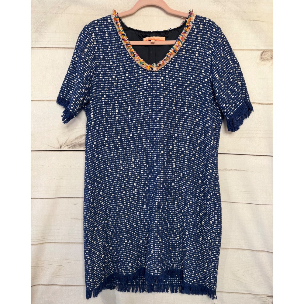 VILAGALLO Tweed Fringe V Neck Dress Blue White Women's Size 46